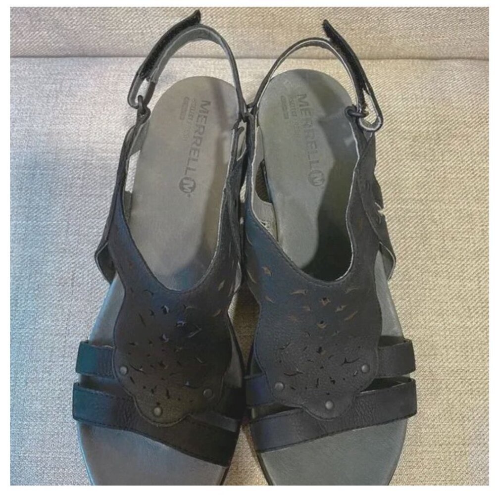 MERRELL "Veranda" Wedge Ankle Strap Laser Cut Sandal Black Leather Size 10